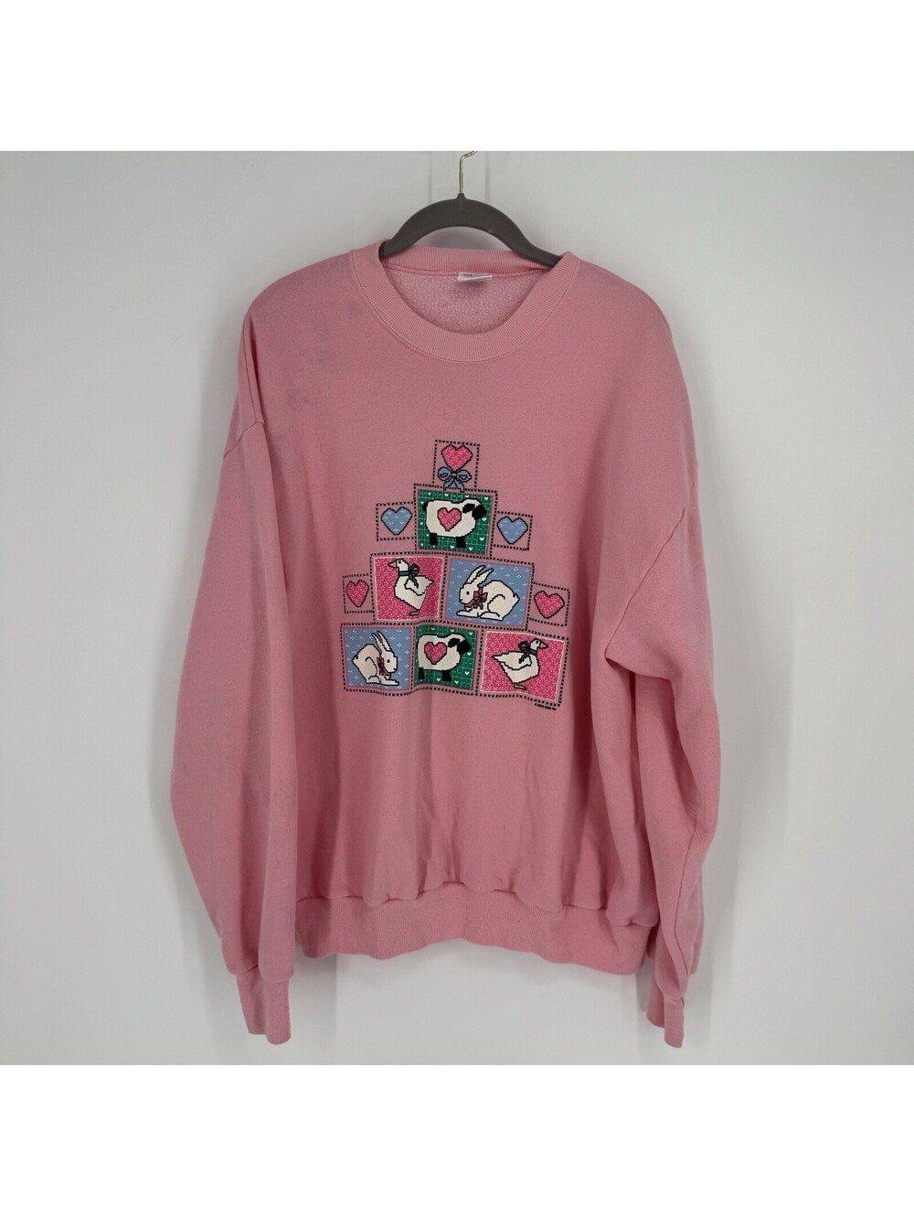 Vintage pink sweatshirt XL bunny rabbit goose sheep hearts folk art cottagecore